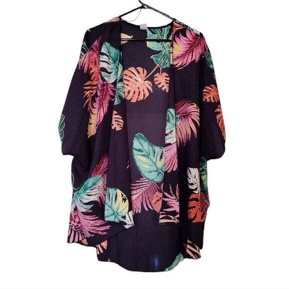 I Joah Black Tropical Open Front Short Sleeve Swim Kimono Cover Up Large NEW - Picture 5 of 12